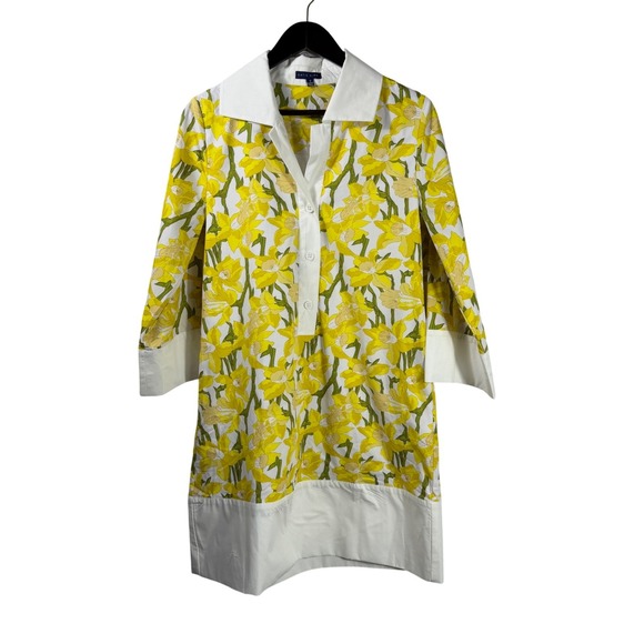 Katie Kime Tops - Katie Kime Yellow Daffodil Floral Tunic Dress White Contrast Trim Small Spring